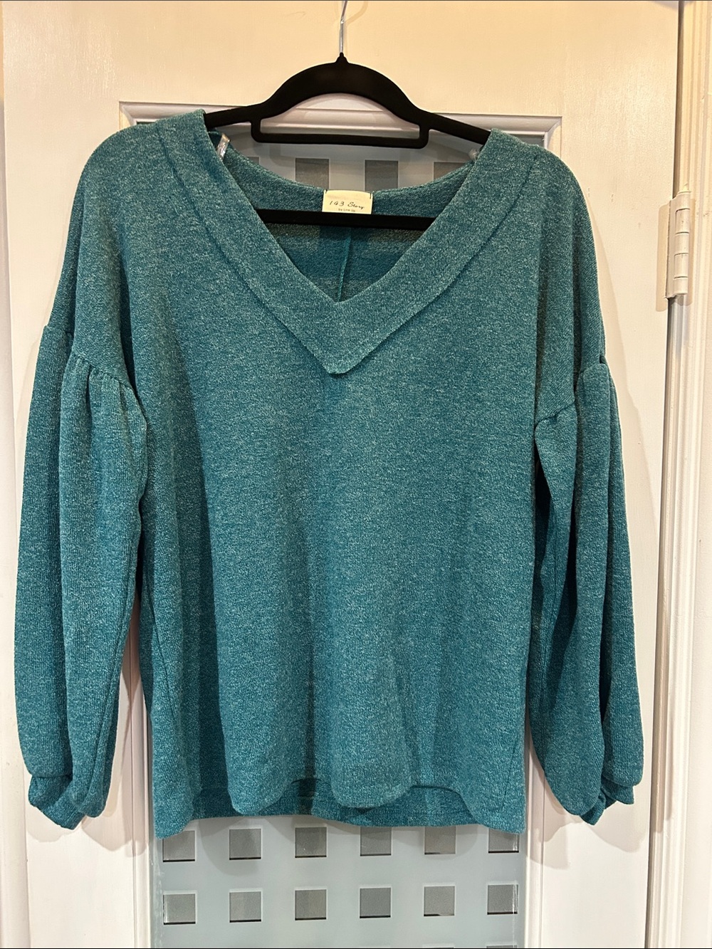 1901 Teal V-Neck Sweater with Balloon Sleeves